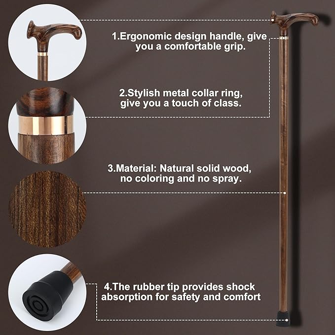 Walking Canes for Men and Women, Wooden Sticks for Seniors, Handcrafted, Ergonomic, Wood Wax Oil Coating Walking Canes for Senior Balance, Crutches for Adults