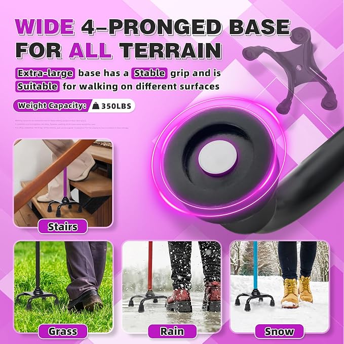 BigAlex Quad Cane, Foldable Adjustable Walking Cane for Men & Women with Stable 4-Pronged Base for Extra Stability & Balance, Heavy Duty, Lightweight, Soft Offset Handle Stick for Seniors & Elderly