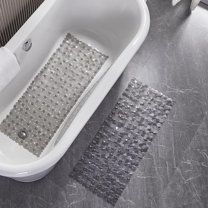 Bath Shower Mat Non Slip: Extra Large Pebble Bathtub mat for Families, Anti Slip Shower Matt with Drain Holes Suction Cups Tub Mat - 16 X 40 Inch Clear Grey