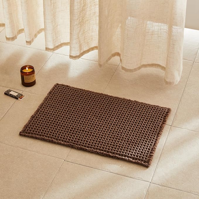 Waffle Bath Mat, Boho Bathroom Rugs Non Slip Washable Super Absorbent Quick Dry Bath Mat Farmhouse Bathroom Decor, 24"x16" Mocha