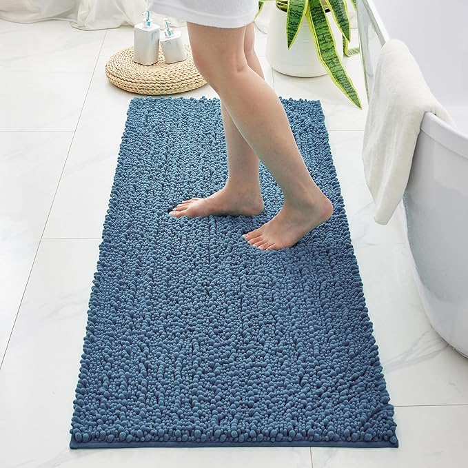 Non Slip Bathroom Rug Machine Washable Thick Blue Bath Mat 24x44 Soft Absorbent Bathroom Floor Mat Chenille Bath Rug for Shower Tub
