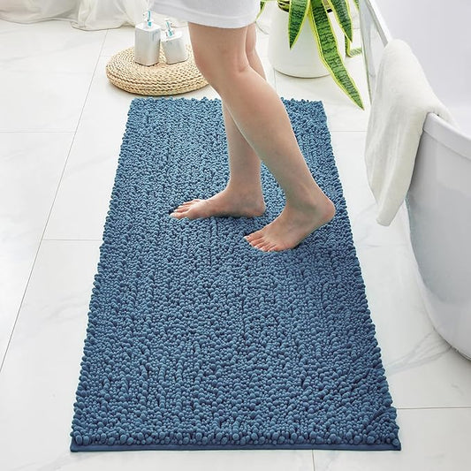 Non Slip Bathroom Rug Machine Washable Thick Blue Bath Mat 24x44 Soft Absorbent Bathroom Floor Mat Chenille Bath Rug for Shower Tub