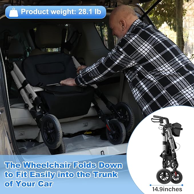 Walkers for Seniors,Heavy Duty Rollator Walker Wheelchair Combo, 2 in 1 Rollator Transport Chair with Brakes, 450 lb Rolling Walker 10" Big Wheels for All Terrain, Grey