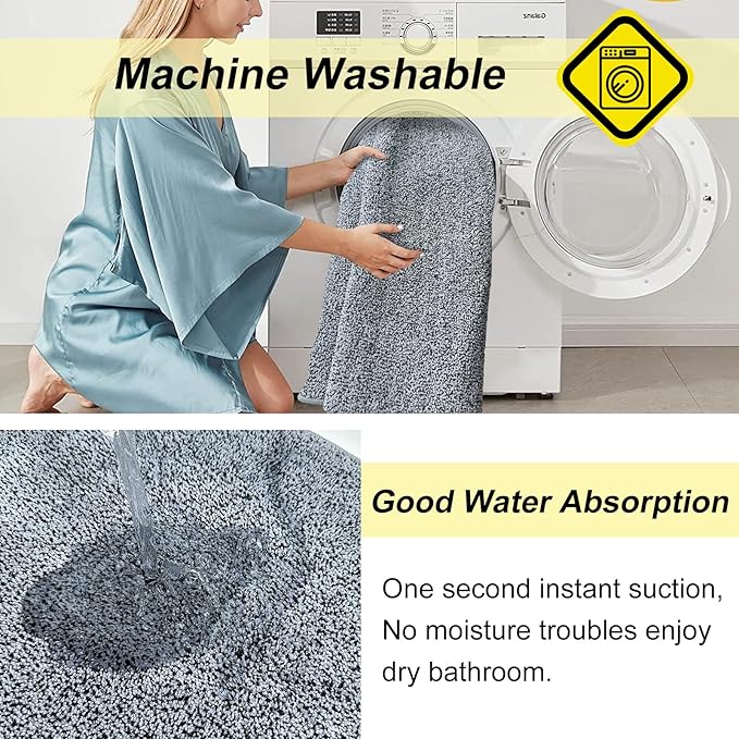 HDFK Bath Mat Non Slip 24x16 Inches Bathroom Rugs 2 Tone Soft Chenille Medium Pile TPR Backing | Absorbency Solid Black White | Shower Rug for Sink Area Wet Dry Transition Stain Resistant Decor