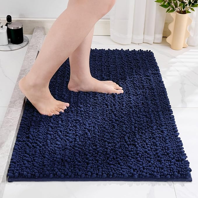 Non Slip Bathroom Rug Machine Washable Thick Navy Bath Mat 24x36 Soft Absorbent Bathroom Floor Mat Chenille Bath Rug for Shower Tub
