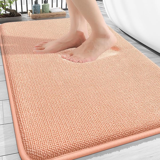OLANLY Thick Memory Foam Bath Mat Rug 30x20, Extra Soft Absorbent Bathroom Rug, Quick Dry Bath Mats, Non-Slip, Machine Washable Carpet for Bathroom, Tub and Shower, Home Decor Accessories, Peach