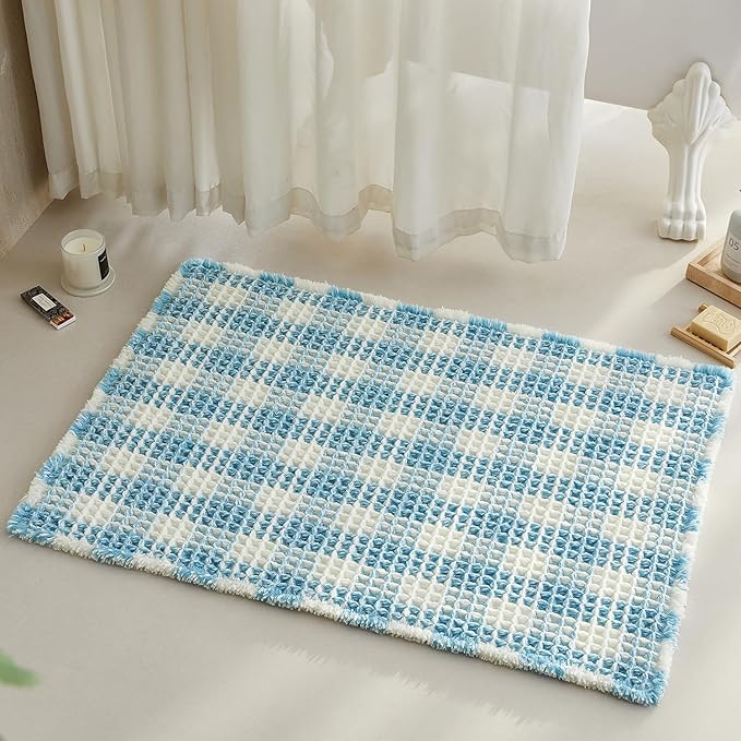 Waffle Bath Mat, Boho Bathroom Rugs Non Slip Washable Absorbent Checkered Bathroom Mat Quick Dry Cute Bath Mat, 36"x24" Blue and White
