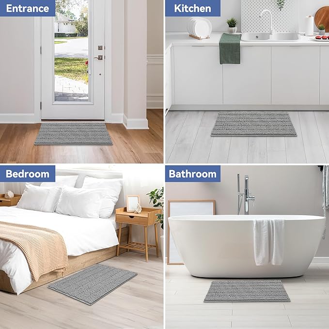 Bcoimo 30"×20" Chenille Bath Mat – Non-Slip with Backing Bath Rug Ultra-Absorbent and Machine Washable Bathroom Mat Quick-Dry Design. Ideal for Bathroom and Tub Areas