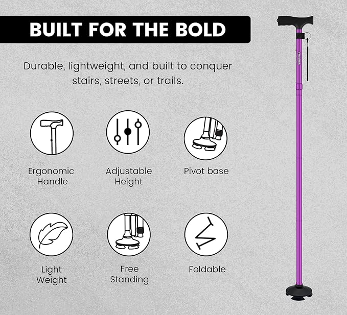 Walking Cane for Men & Women – Foldable, Adjustable, Self-Standing Cane with 360° Pivot Base, Comfortable Grip, Heavy Duty Canes for Women, Collapsible Walking Stick with Travel Bag for Seniors Adults