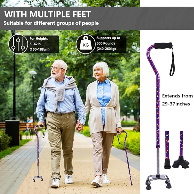 Walking Cane for Women & Men, Adjustable Quad Cane with 4-Prong Base for Stability and Balance, Folding Aluminum Walking Stick for Seniors