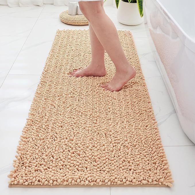 Non Slip Bathroom Rug Machine Washable Thick Beige Bath Mat 24x44 Soft Absorbent Bathroom Floor Mat Chenille Bath Rug for Shower Tub