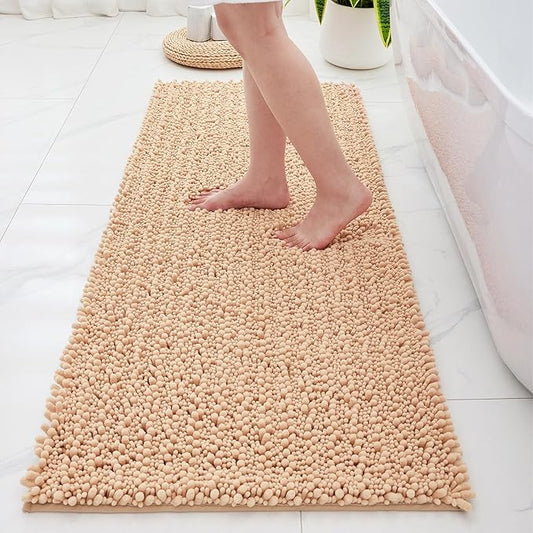 Non Slip Bathroom Rug Machine Washable Thick Beige Bath Mat 24x44 Soft Absorbent Bathroom Floor Mat Chenille Bath Rug for Shower Tub