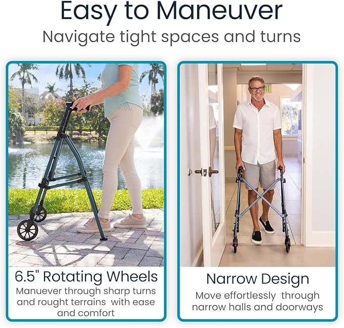 Vive Lightweight Folding Walker for Seniors - Narrow Foldable Rolling Walker for Small Spaces- Compact & Collapsible for Travel - with Wheels, Mobility Support, Portable- Weighs Only 7 Pounds