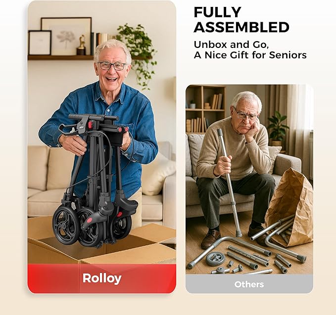 Rollator Walkers for Seniors with Seat, Lightweight Ultra-Compact Travel Rolling Walker, 350lbs Capacity, Heavy-Duty Extra-Wide Seat, Easy Folding, Height Adjustable for Tall Over 6ft, 8" Big Wheels