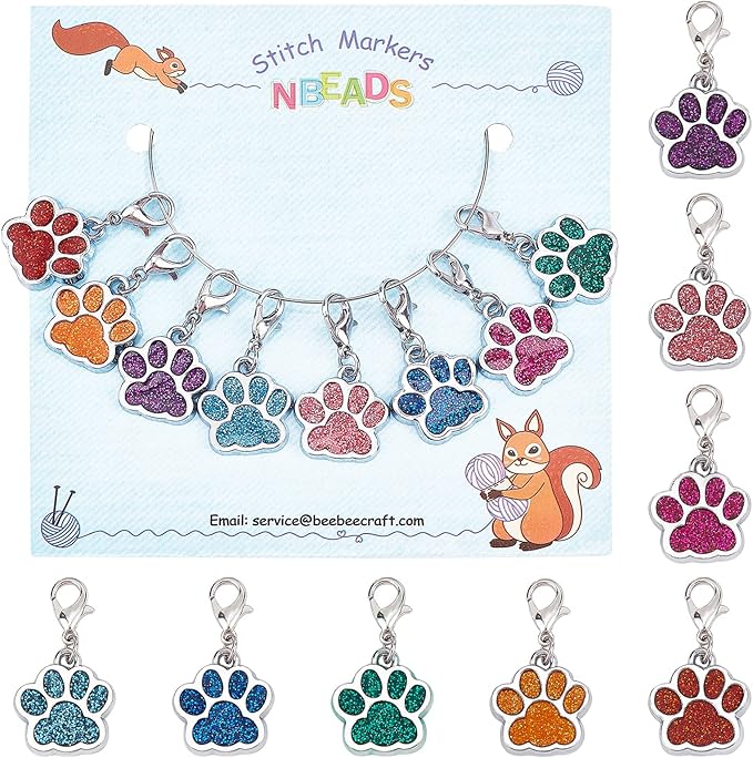 NBEADS 8-Piece Dog Paw Stitch Markers, 8 Color Enamel Alloy Crochet & Knitting Stitch Marker Charms