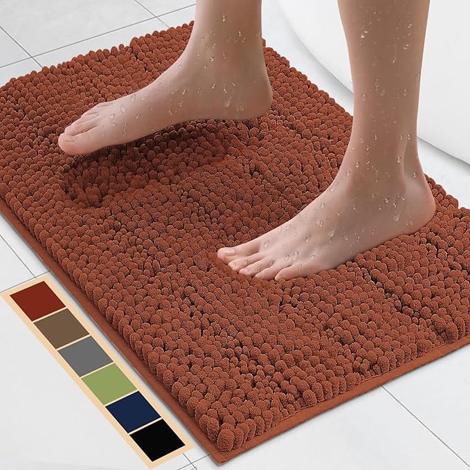 Bcoimo 24"×17" Chenille Bath Mat – Non-Slip with Backing Bath Rug Ultra-Absorbent and Machine Washable Bathroom Mat Quick-Dry Design. Ideal for Bathroom and Tub Areas