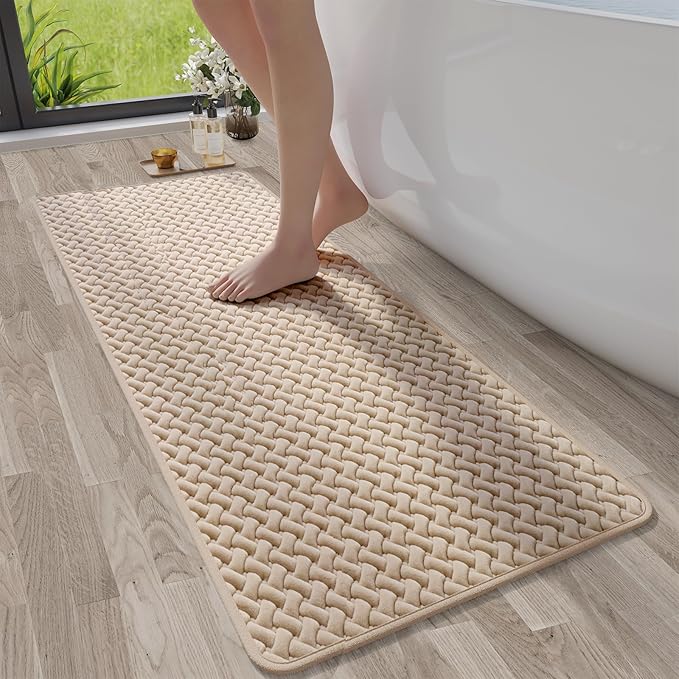 Bathroom Runner Non Slip, Extra Soft Absorbent Quick Dry Bath Mats, Foam Weave Texture Thin Bath Rugs Washable with Rubber Backing, 24" x 70“