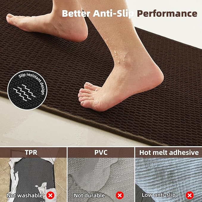 Bathroom Runner Rugs, Long Bath Mat Runner Washable Thin Quick Dry Low Pile Bathroom Runner Rugs Non Slip, Brown 16"x60"