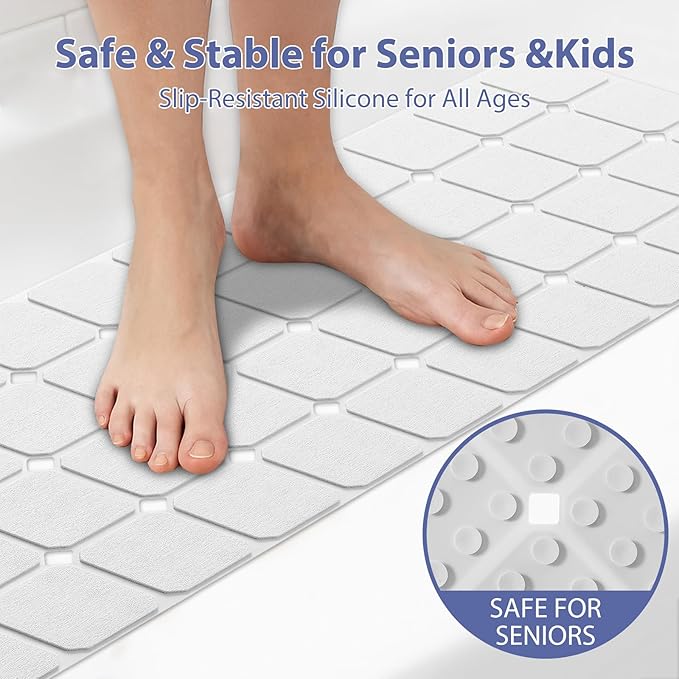 Bathtub Mat Non Slip Silicone Foldable Extra Long Tub Mat Strong Suction Cups & Large Drain Holes, Durable,Machine Washable for Smooth Surfaces Shower Mat, Ideal for Families Beige,15"x40" White