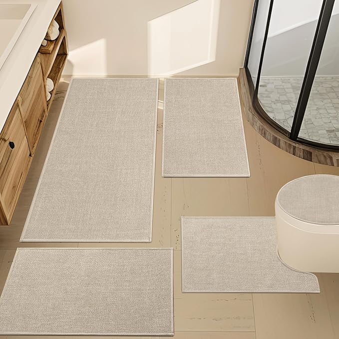 YIHOUSE Beige Bathroom Rug Sets 5 Piece, Absorbent Bath Mat for Bathroom Non Slip Washable, Bath Room Mat Quick Dry, Thin Bath Rug Set for Toilet and Floor