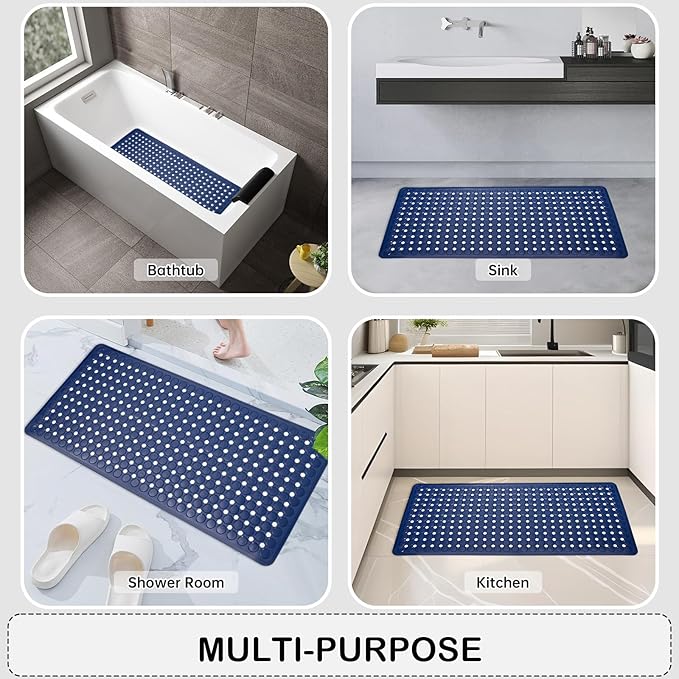 Linoows Non-Slip Bathtub and Shower Mats, Power Grip Bath Mat 35 x 16.3 Inch with Suction Cups and Drain Holes for Tub Bathroom Floor Safety, Machine Washable Soft Bathmat, Navy Blue