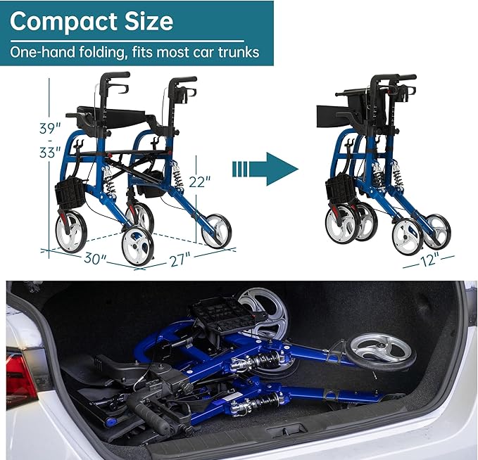 ELENKER 2 in 1 Rollator Walker & Transport Chair for Seniors, Folding Rolling Walker Wheelchair Combo with Wide Seat and Shock Absorber, Blue