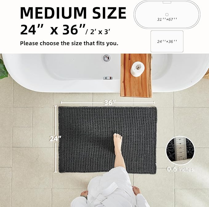 Black Bathroom Rug, Waffle Bath Mat Non Slip Washable Super Absorbent Quick Dry Boho Farmhouse Bathroom Decor, 36"x24"/ 3'x2' Black