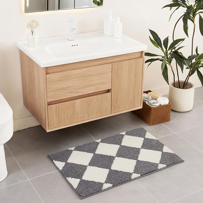 Exclusivo Mezcla Bathroom Rugs Mat 17x24, Extra Soft Non Slip Absorbent Water Microfiber Bath Rugs, Machine Washable Quick Dry Bath Mats for Bathroom Floor, Shower, Home Decor, Checkered Grey