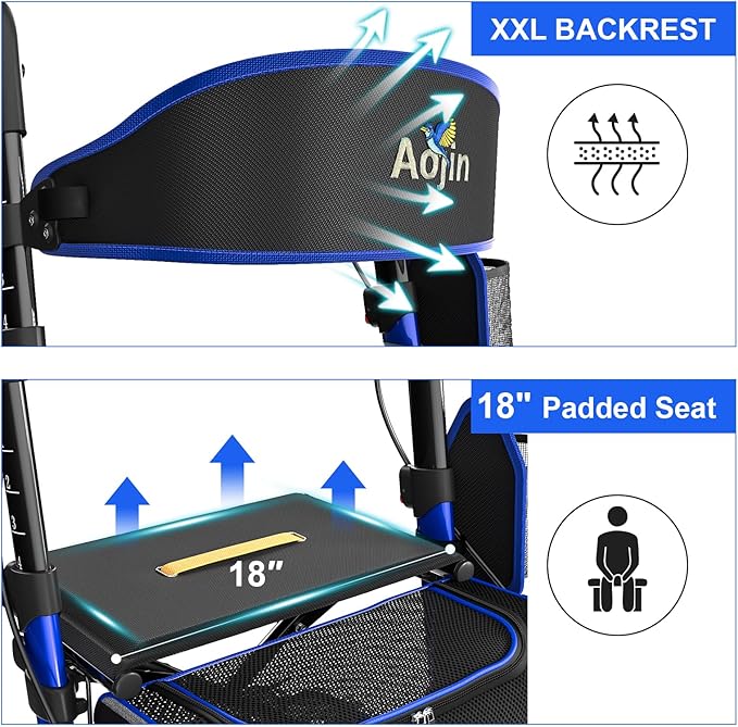 Walkers for Seniors, Rollator Walker with Seat, 350 lb Weight Capacity, 18" Big Seat, 8" All-Terrain Wheels, 6-Level Adjustable Height, Lightweight Aluminum Frame Rollator Walkers for Seniors (Blue)
