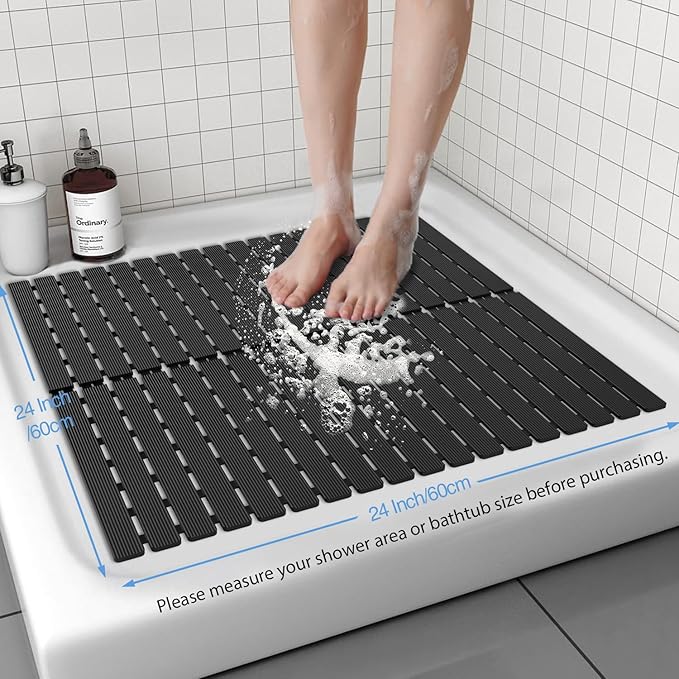 Shower Mat Non-Slip Bath Mat for Tub and Shower Stall,200+ Suction Cups with Drain Holes, Quick Dry Machine Washable, Extra Grip for Elderly and Baby, Bathroom Essentials 24x24 Inch(Black)