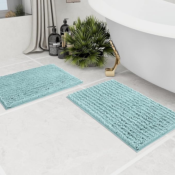 Walensee Bathroom Rug 2 Pieces Set Non Slip Bath Mat (17x24 Plus 20x32 Inch spa Blue) Water Absorbent Super Soft Shaggy Chenille Machine Washable Dry Extra Thick Perfect Carpet for Shower Floor