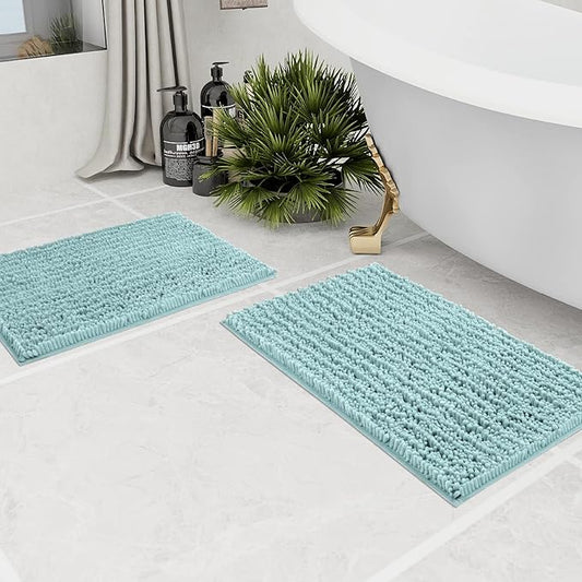 Walensee Bathroom Rug 2 Pieces Set Non Slip Bath Mat (17x24 Plus 20x32 Inch spa Blue) Water Absorbent Super Soft Shaggy Chenille Machine Washable Dry Extra Thick Perfect Carpet for Shower Floor