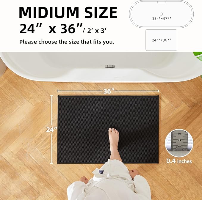 Black Bathroom Rugs Non Slip Washable, Super Absorbent Thin Bath Mat Quick Dry Low Pile Bathroom Rug, Black 24''x36''