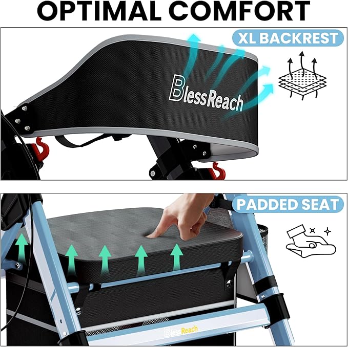 Foldable Rollator Walkers with Seat for Seniors, 450 lb Capacity, 8'' Wheels, 18" Big Seat, 6-Position Adjustable Height, Heavy-Duty Aluminum Rolling Walker (Blue)