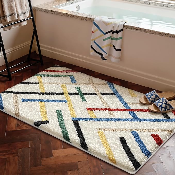 LUMI Bathroom Rugs with Colorful Line, Soft Absorbent Bath Mat for Modern Home Decor, Non-Slip Quick-Dry Bath Rug, Machine Washable Floor Mat for Shower and Tub, Entryway, 24"x36", Colored Line