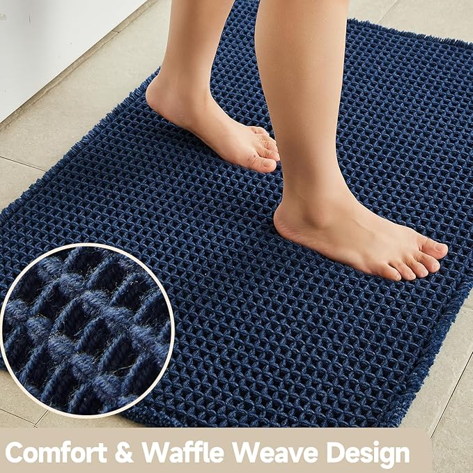 Waffle Bath Mat, Boho Bathroom Rugs Non Slip Washable Super Absorbent Quick Dry Bath Mat Farmhouse Bathroom Decor, 36"x24" Navy Blue