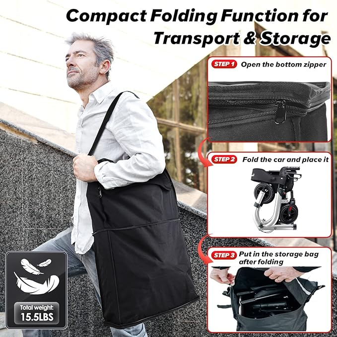 Rollator Walker for Seniors, Lightweight Foldable All Terrain Rolling Walker with seat, Aluminum Walkers with 8 inch Rubber Wheels, Handles and Backrest for Seniors and Adult