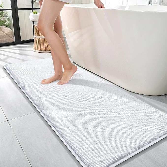 OLANLY Thick Memory Foam Bath Mat Rug 47x17, Extra Soft Absorbent Bathroom Rug, Quick Dry Bath Mats, Non-Slip, Machine Washable Carpet for Bathroom, Tub and Shower, Home Decor Accessories, White