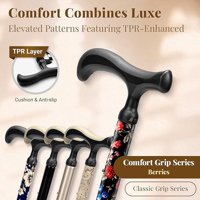 Merry Sticks Lightweight Foldable Walking Canes for Women and Men, Adjustable & Collapsible Walking Stick for Seniors, Non-Slip Ergonomic Handle with 1 Extra Replacement Cane Tip – Berries