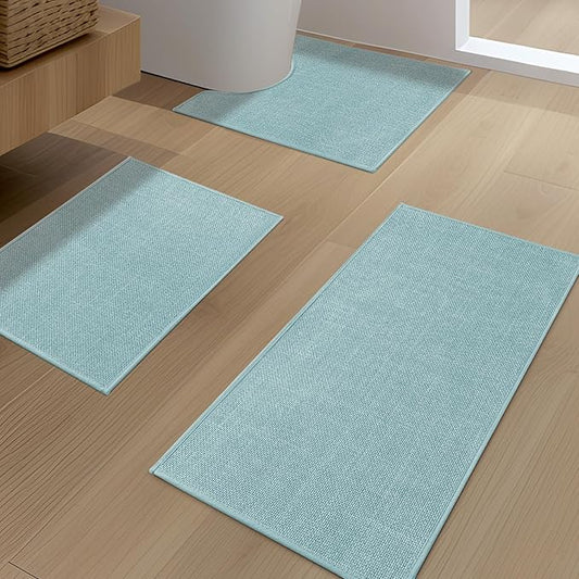YIHOUSE Blue Bathroom Rug Sets 3 Piece, Bathroom Mat Quick Dry, Thin Bath Rug Set,Absorbent Bath Mat for Bathroom Non Slip Washable for Toilet and Floor