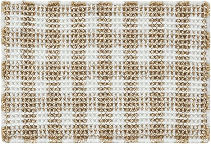 Waffle Bath Mat, Boho Bathroom Rugs Non Slip Washable Absorbent Checkered Bathroom Mat Quick Dry Farmhouse Bathroom Decor, 30"x20" Khaki and White