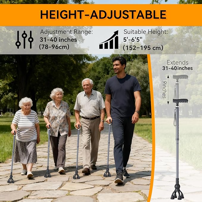 Walking Cane with LED Light for Seniors Men Women, Adjustable Folding Canes for Elderly, Ergonomic Handle & All Terrain Shock Absorbing Base, Walking Sticks for Indoor Outdoor Travel Hiking Support