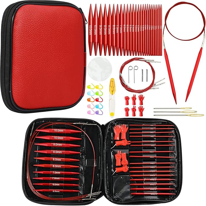 Looen 57 pcs Aluminum Circular Knitting Needles Set with Ergonomic Handles,13 Size Interchangeable Crochet Needles with Storage Case for Small Project (Style 1 New Red)