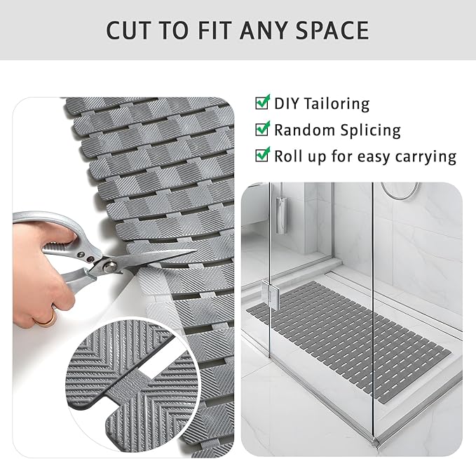 XIYUNTE Shower Mat Non Slip Bath Mat for Tub - 40 X 16 Inch PVC Bathtub Mat Non Slip Shower Mats for Inside Shower, Bath Tub Mat with Powerful Suction Cup, Easy to Cut and Dry, Grey