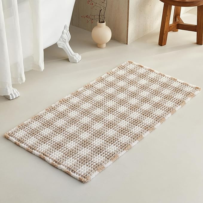 Waffle Bath Mat, Boho Bathroom Rugs Non Slip Washable Absorbent Checkered Bathroom Mat Quick Dry Farmhouse Bathroom Decor, 48"x24" Khaki and White