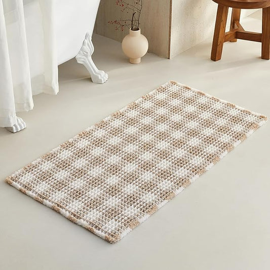Waffle Bath Mat, Boho Bathroom Rugs Non Slip Washable Absorbent Checkered Bathroom Mat Quick Dry Farmhouse Bathroom Decor, 48"x24" Khaki and White