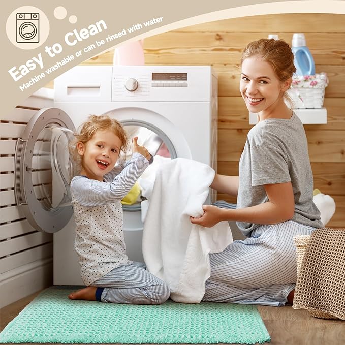 Waffle Bath Mat, Boho Bathroom Rugs Non Slip Washable Super Absorbent Quick Dry Cute Bath Mat Farmhouse Bathroom Decor, 24"x16" Aqua Blue