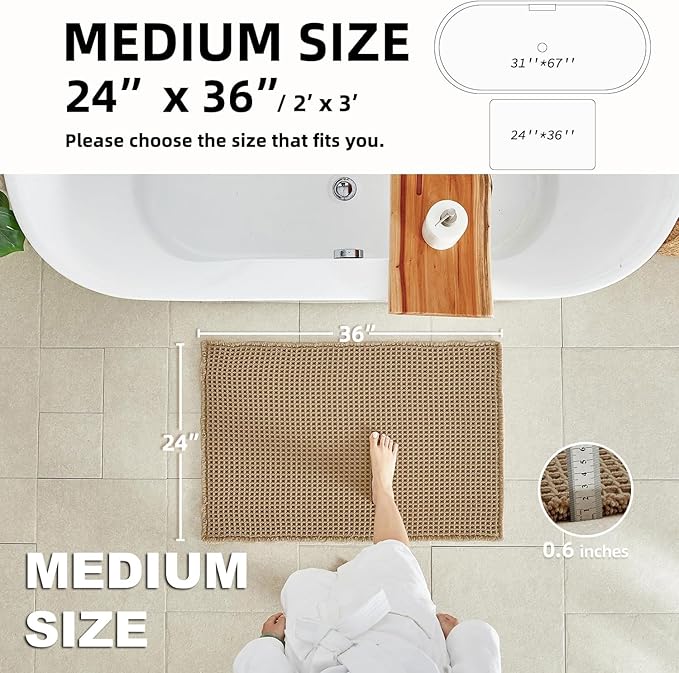 Waffle Bath Mat, Boho Bathroom Rugs Non Slip Washable Super Absorbent Quick Dry Farmhouse Bathroom Decor, 36"x24" / 3' x 2' Khaki