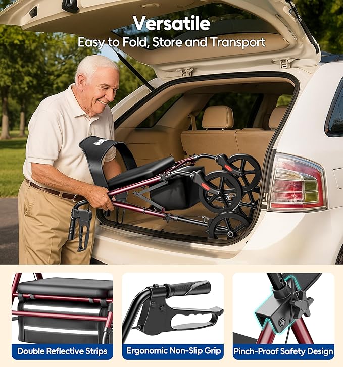 Walkers for Seniors Rollator Walkers with Seat, 350lb Capacity with Cup Holder & Cane Holder, 8'' All Terrain Wheels, Adjustable Handles and Seat Height, Foldable Design, Burgundy