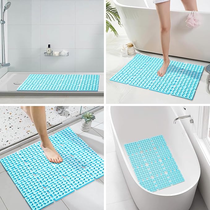 Shower Mat Non Slip，24"X24" Bathtub Mat Non Slip Square Shower Mats for Inside Shower with Drain Holes Suction Cups, Quick Drain, TPE Shower Floor Mat for Elderly & Kids (Blue)